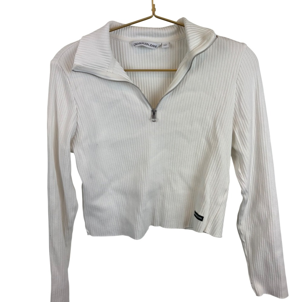 Calvin Klein Jeans Womens White Ribbed Quarter Zip Cropped Long Sleeve Top Large